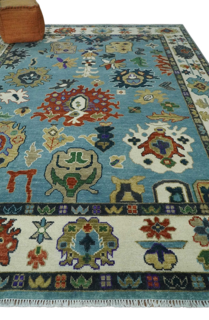 9x12 Hand Knotted Blue, Ivory and Gray vibrant Colorful Oushak Wool Area Rug - The Rug Decor