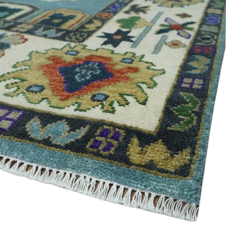 9x12 Hand Knotted Blue, Ivory and Gray vibrant Colorful Oushak Wool Area Rug - The Rug Decor