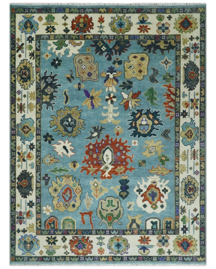 9x12 Hand Knotted Blue, Ivory and Gray vibrant Colorful Oushak Wool Area Rug - The Rug Decor