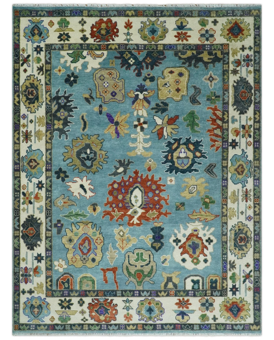9x12 Hand Knotted Blue, Ivory and Gray vibrant Colorful Oushak Wool Area Rug - The Rug Decor