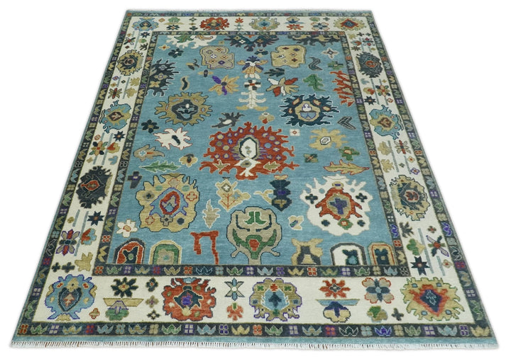 9x12 Hand Knotted Blue, Ivory and Gray vibrant Colorful Oushak Wool Area Rug - The Rug Decor