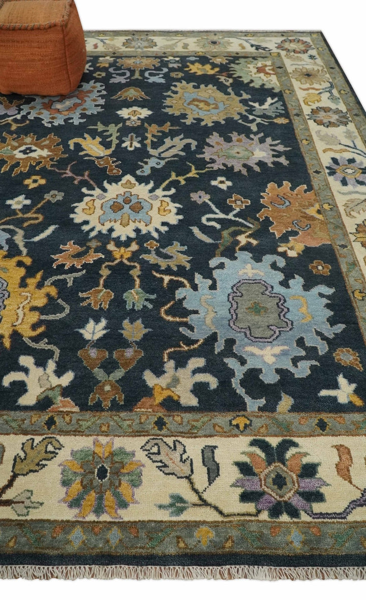 9x12 Hand Knotted Charcoal and Ivory Oushak Traditional Persian Vintage Wool Rug | TRDCP789912 - The Rug Decor
