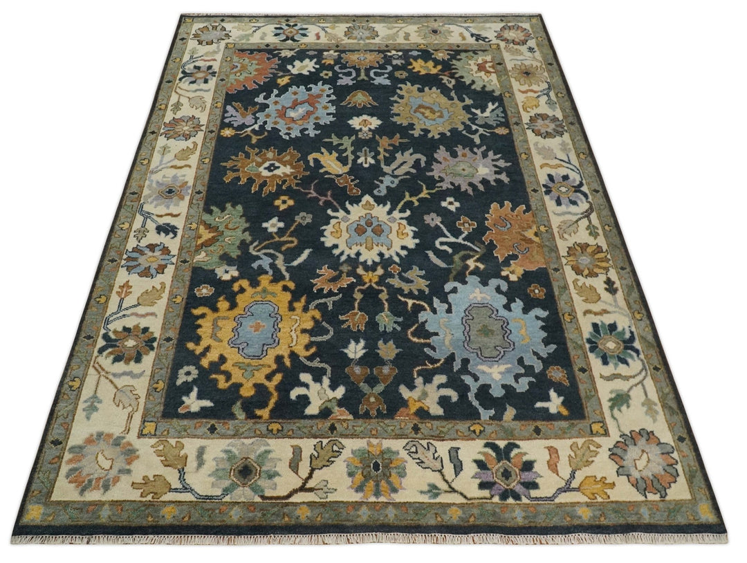 9x12 Hand Knotted Charcoal and Ivory Oushak Traditional Persian Vintage Wool Rug | TRDCP789912 - The Rug Decor