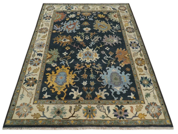 9x12 Hand Knotted Charcoal and Ivory Oushak Traditional Persian Vintage Wool Rug | TRDCP789912 - The Rug Decor
