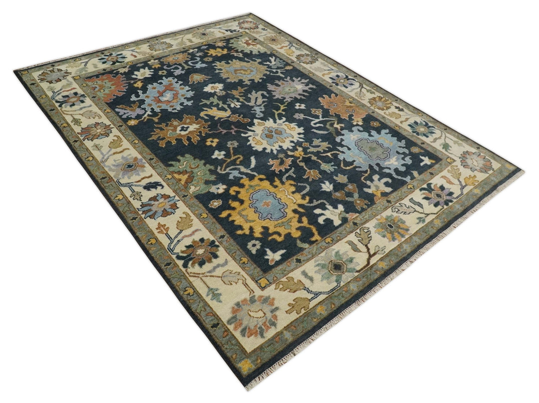 9x12 Hand Knotted Charcoal and Ivory Oushak Traditional Persian Vintage Wool Rug | TRDCP789912 - The Rug Decor