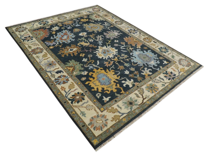 9x12 Hand Knotted Charcoal and Ivory Oushak Traditional Persian Vintage Wool Rug | TRDCP789912 - The Rug Decor