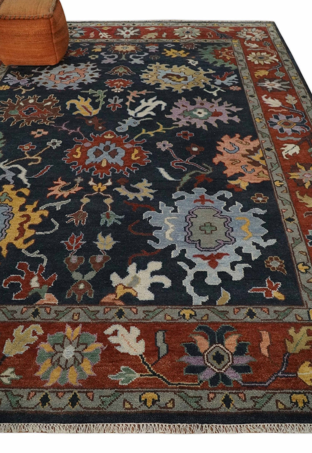9x12 Hand Knotted Charcoal and Rust Traditional Persian Oushak Wool Rug | TRDCP732912 - The Rug Decor