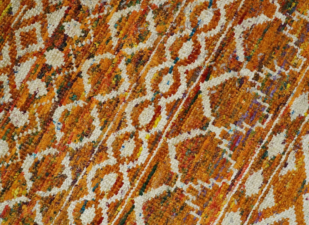 9x12 Hand Knotted Gold and White Modern Contemporary Southwestern Tribal Trellis Recycled Silk Area Rug | OP16 - The Rug Decor