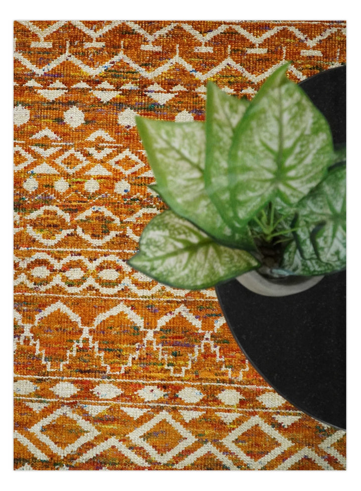 9x12 Hand Knotted Gold and White Modern Contemporary Southwestern Tribal Trellis Recycled Silk Area Rug | OP16 - The Rug Decor