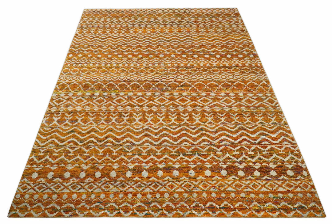 9x12 Hand Knotted Gold and White Modern Contemporary Southwestern Tribal Trellis Recycled Silk Area Rug | OP16 - The Rug Decor