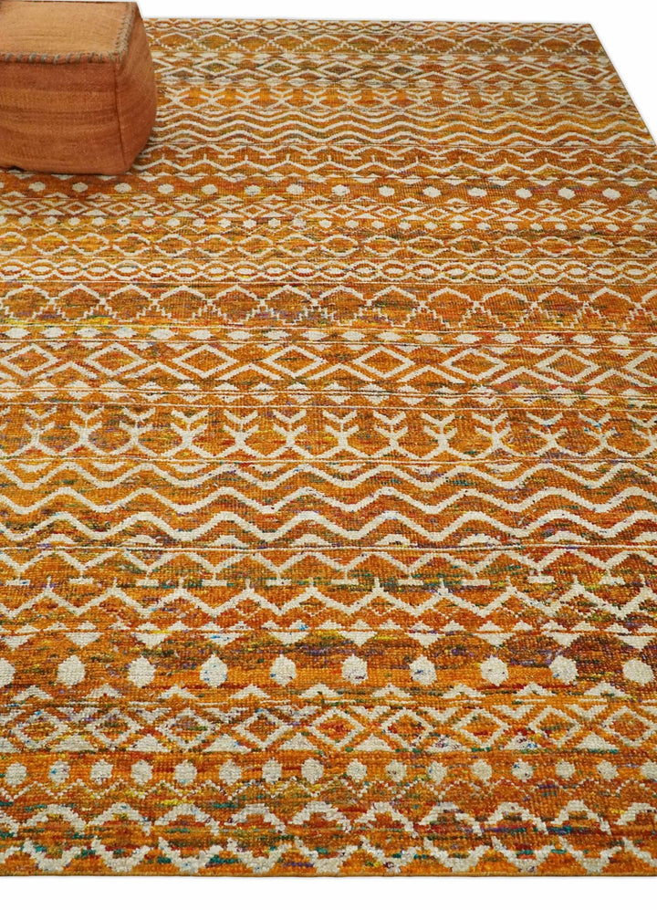 9x12 Hand Knotted Gold and White Modern Contemporary Southwestern Tribal Trellis Recycled Silk Area Rug | OP16 - The Rug Decor