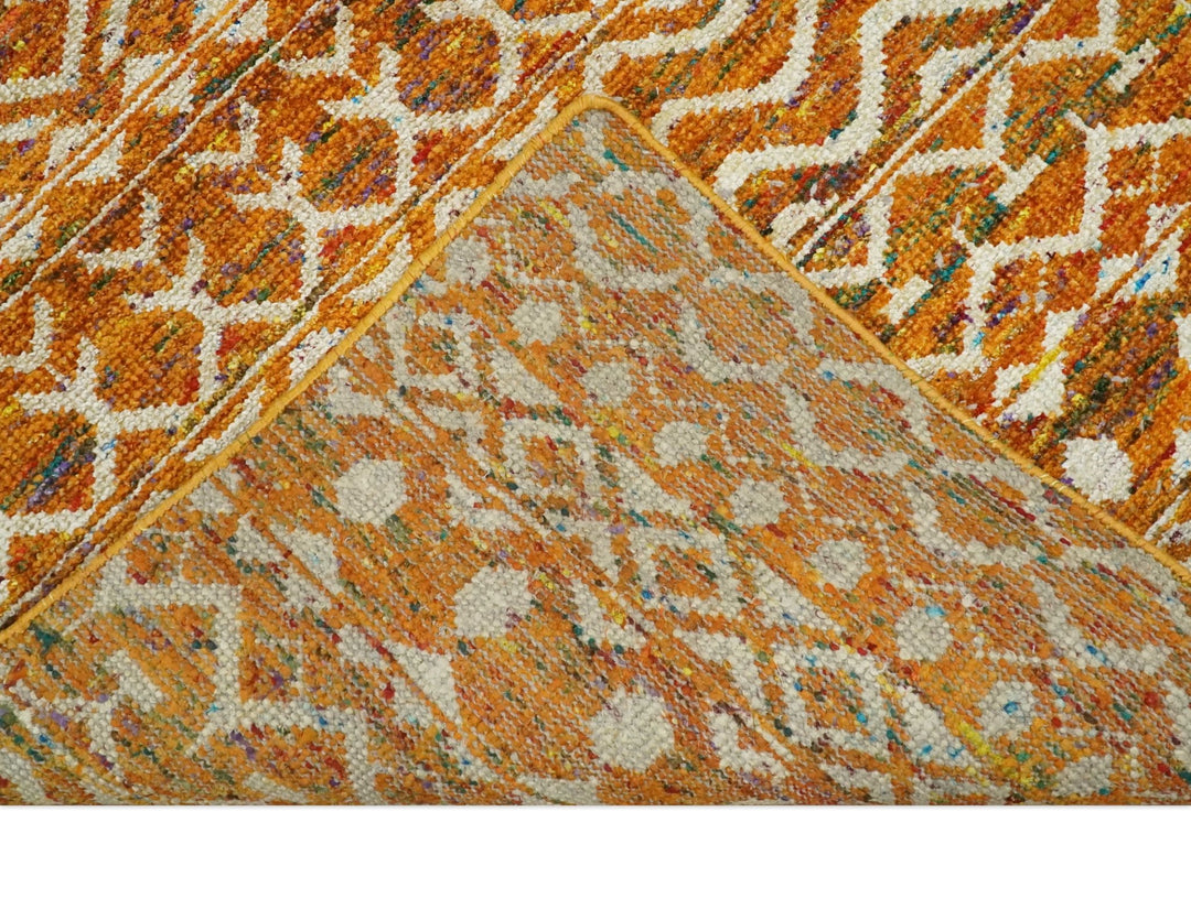 9x12 Hand Knotted Gold and White Modern Contemporary Southwestern Tribal Trellis Recycled Silk Area Rug | OP16 - The Rug Decor