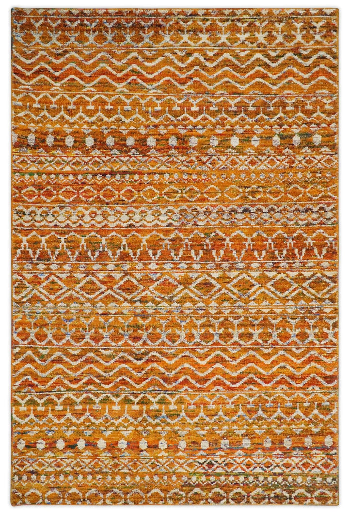 9x12 Hand Knotted Gold and White Modern Contemporary Southwestern Tribal Trellis Recycled Silk Area Rug | OP16 - The Rug Decor