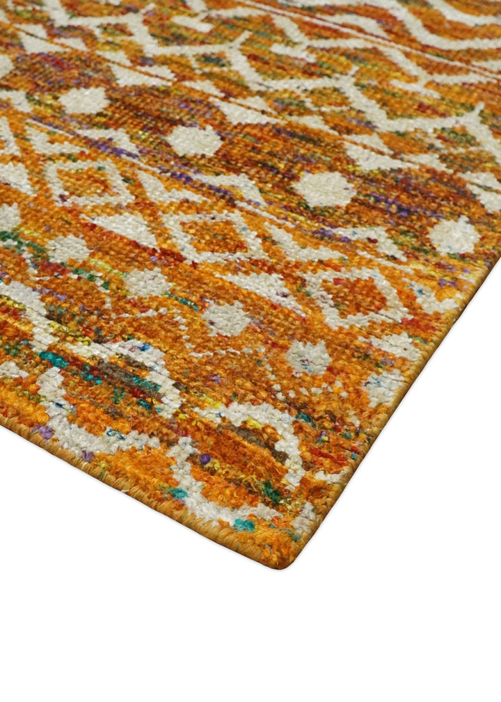9x12 Hand Knotted Gold and White Modern Contemporary Southwestern Tribal Trellis Recycled Silk Area Rug | OP16 - The Rug Decor
