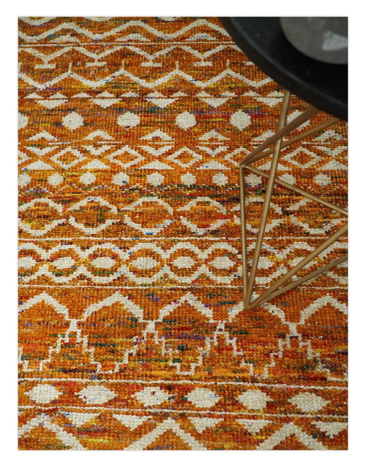 9x12 Hand Knotted Gold and White Modern Contemporary Southwestern Tribal Trellis Recycled Silk Area Rug | OP16 - The Rug Decor