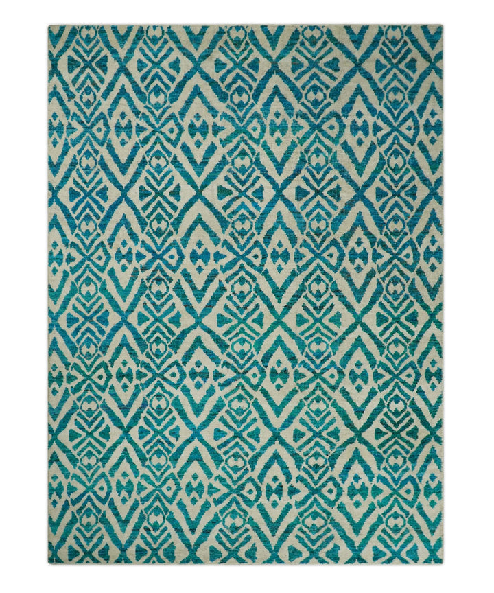 9x12 Hand Knotted Ivory and Blue Modern Contemporary Southwestern Tribal Trellis Recycled Silk Area Rug | OP21 - The Rug Decor