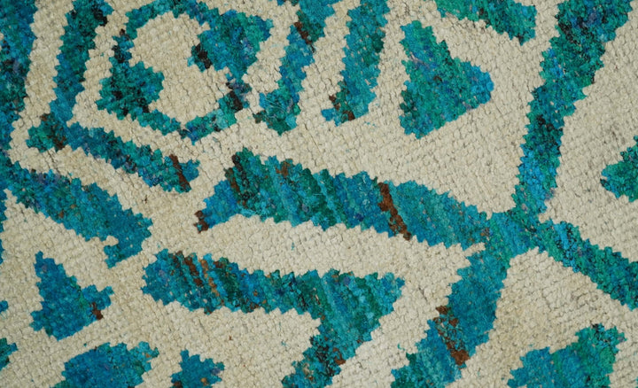 9x12 Hand Knotted Ivory and Blue Modern Contemporary Southwestern Tribal Trellis Recycled Silk Area Rug | OP21 - The Rug Decor