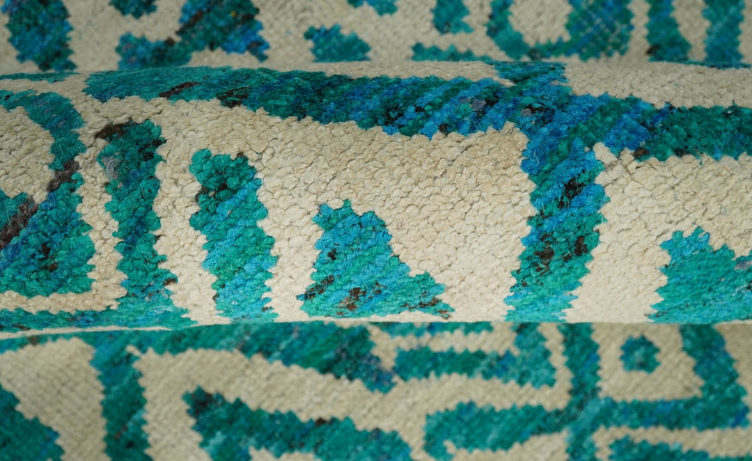 9x12 Hand Knotted Ivory and Blue Modern Contemporary Southwestern Tribal Trellis Recycled Silk Area Rug | OP21 - The Rug Decor