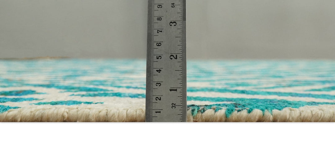 9x12 Hand Knotted Ivory and Blue Modern Contemporary Southwestern Tribal Trellis Recycled Silk Area Rug | OP21 - The Rug Decor