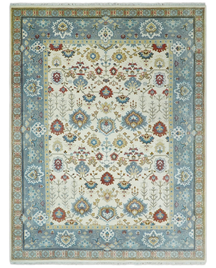 9x12 Hand Knotted Ivory, Blue and Olive Persian Oushak Wool Area Rug | TRDCP904912 - The Rug Decor