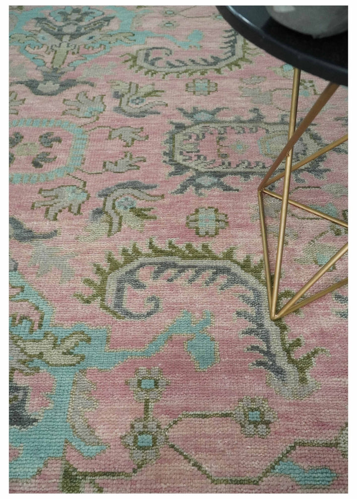 9x12 Hand Knotted Pink and Aqua Oriental Oushak Traditional Wool Area Rug - The Rug Decor