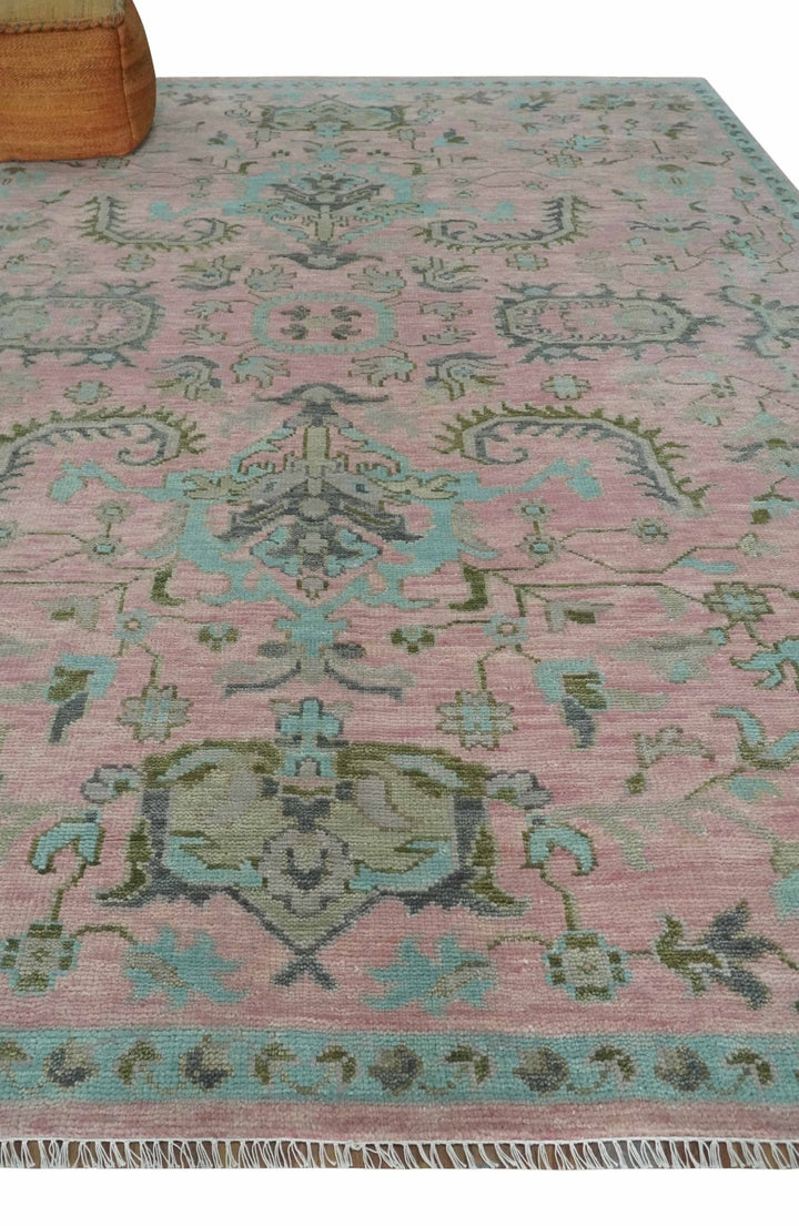 9x12 Hand Knotted Pink and Aqua Oriental Oushak Traditional Wool Area Rug - The Rug Decor