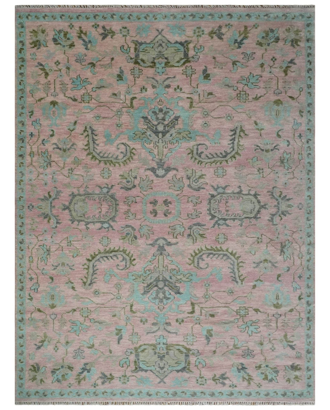 9x12 Hand Knotted Pink and Aqua Oriental Oushak Traditional Wool Area Rug - The Rug Decor