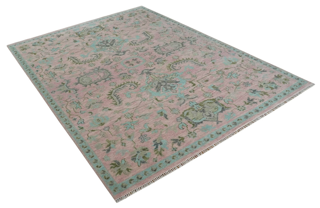 9x12 Hand Knotted Pink and Aqua Oriental Oushak Traditional Wool Area Rug - The Rug Decor
