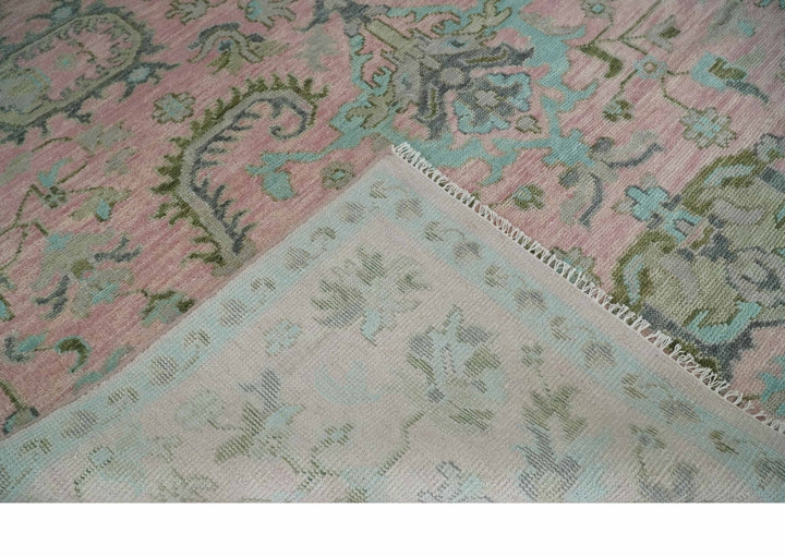 9x12 Hand Knotted Pink and Aqua Oriental Oushak Traditional Wool Area Rug - The Rug Decor