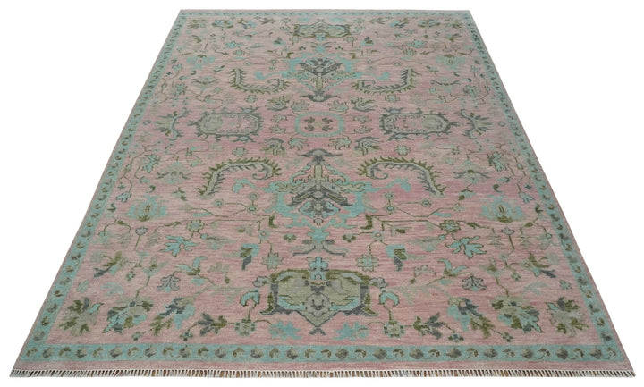 9x12 Hand Knotted Pink and Aqua Oriental Oushak Traditional Wool Area Rug - The Rug Decor
