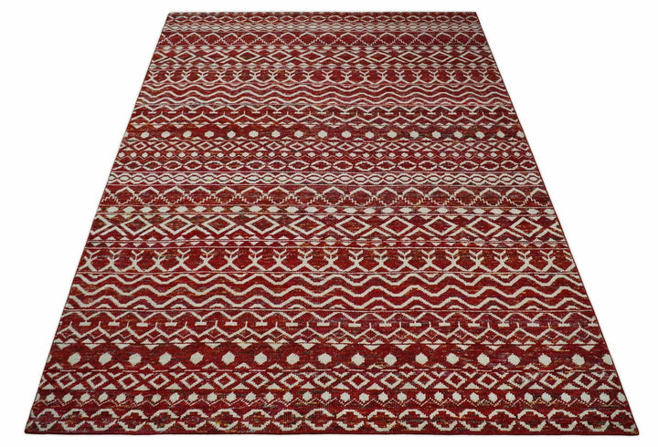 9x12 Hand Knotted Red and White Modern Contemporary Southwestern Tribal Trellis Recycled Silk Area Rug | OP15 - The Rug Decor