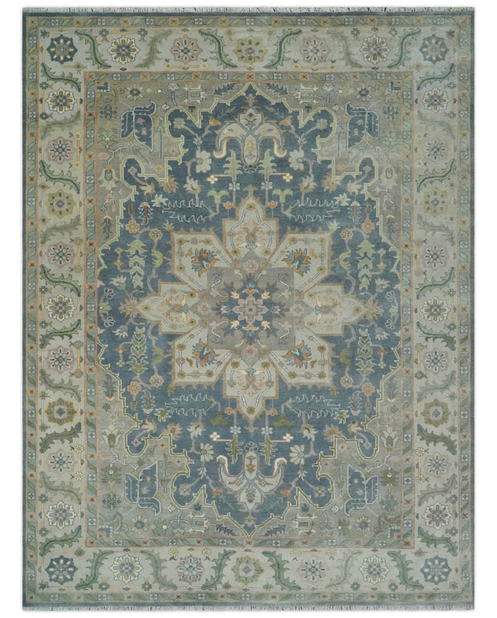 9x12 Hand Knotted Silver and Blue Traditional Heriz Serapi Antique Wool Rug, Living Room and Bedroom Rug - The Rug Decor