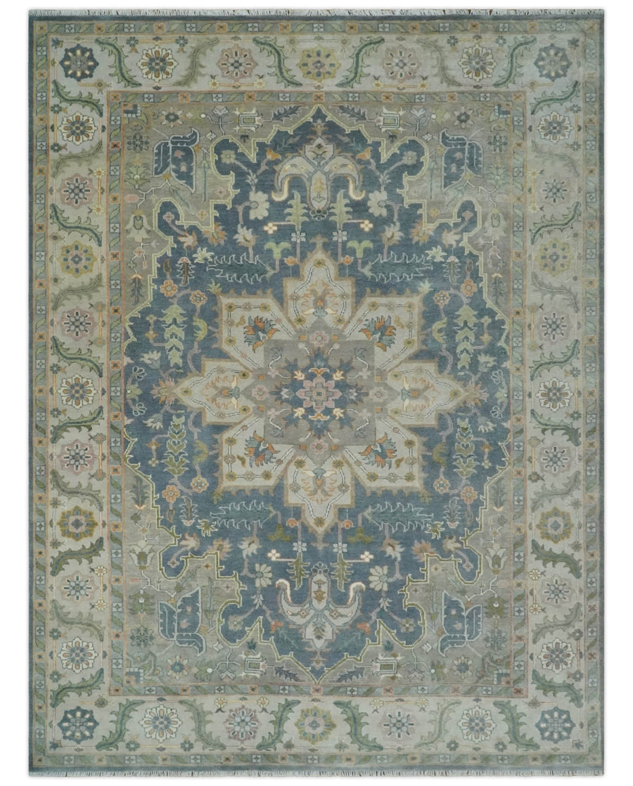 9x12 Hand Knotted Silver and Blue Traditional Heriz Serapi Antique Wool Rug, Living Room and Bedroom Rug - The Rug Decor