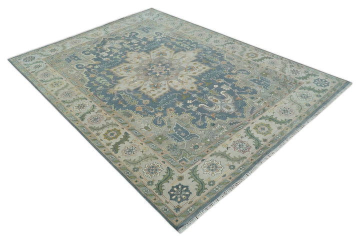 9x12 Hand Knotted Silver and Blue Traditional Heriz Serapi Antique Wool Rug, Living Room and Bedroom Rug - The Rug Decor