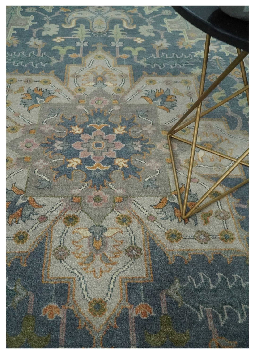 9x12 Hand Knotted Silver and Blue Traditional Heriz Serapi Antique Wool Rug, Living Room and Bedroom Rug - The Rug Decor