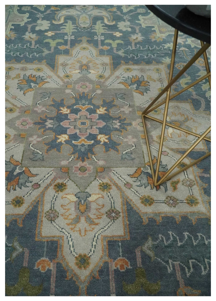 9x12 Hand Knotted Silver and Blue Traditional Heriz Serapi Antique Wool Rug, Living Room and Bedroom Rug - The Rug Decor