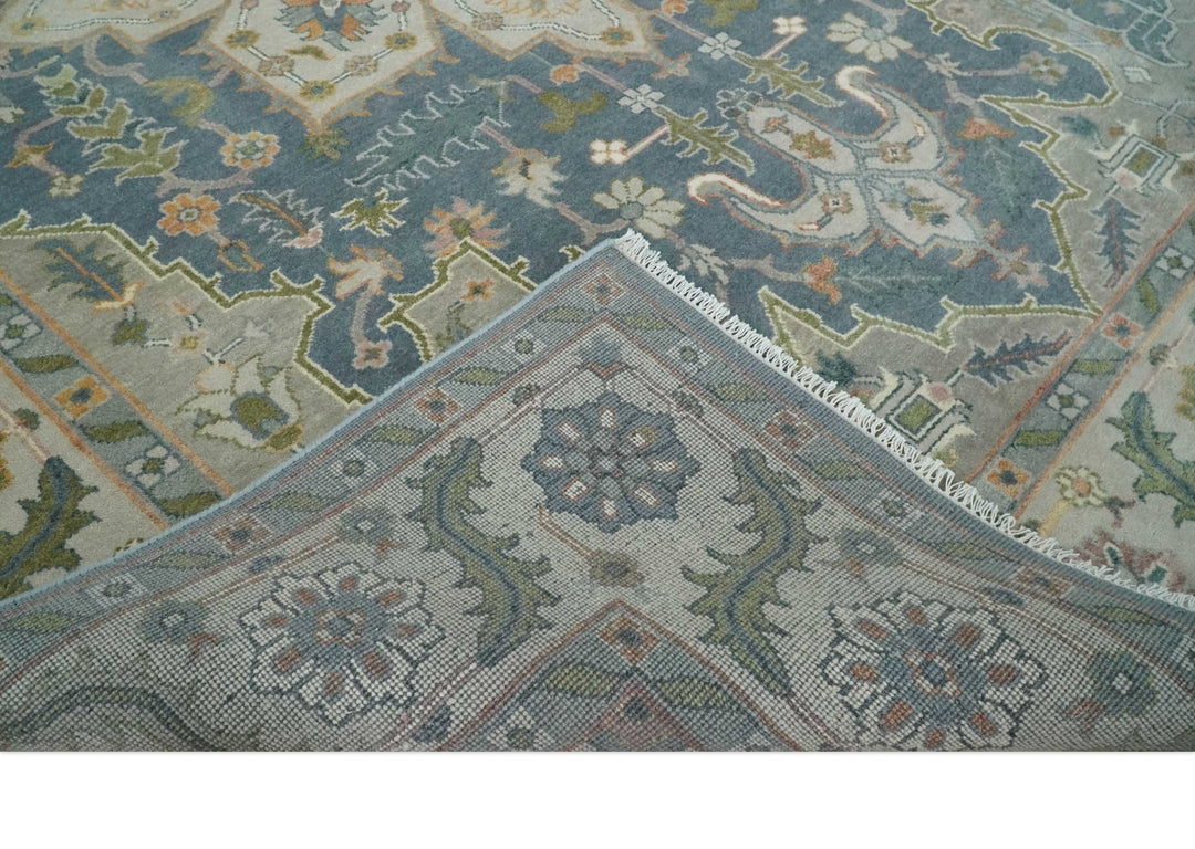 9x12 Hand Knotted Silver and Blue Traditional Heriz Serapi Antique Wool Rug, Living Room and Bedroom Rug - The Rug Decor