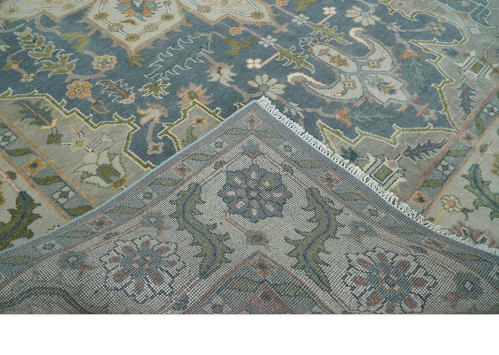 9x12 Hand Knotted Silver and Blue Traditional Heriz Serapi Antique Wool Rug, Living Room and Bedroom Rug - The Rug Decor