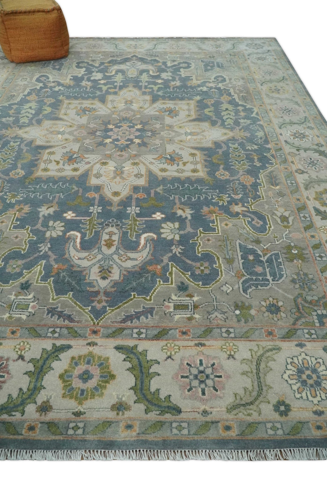 9x12 Hand Knotted Silver and Blue Traditional Heriz Serapi Antique Wool Rug, Living Room and Bedroom Rug - The Rug Decor