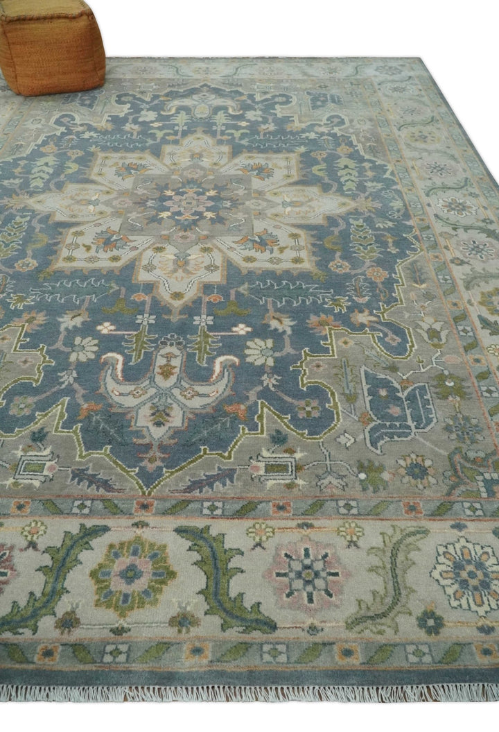 9x12 Hand Knotted Silver and Blue Traditional Heriz Serapi Antique Wool Rug, Living Room and Bedroom Rug - The Rug Decor