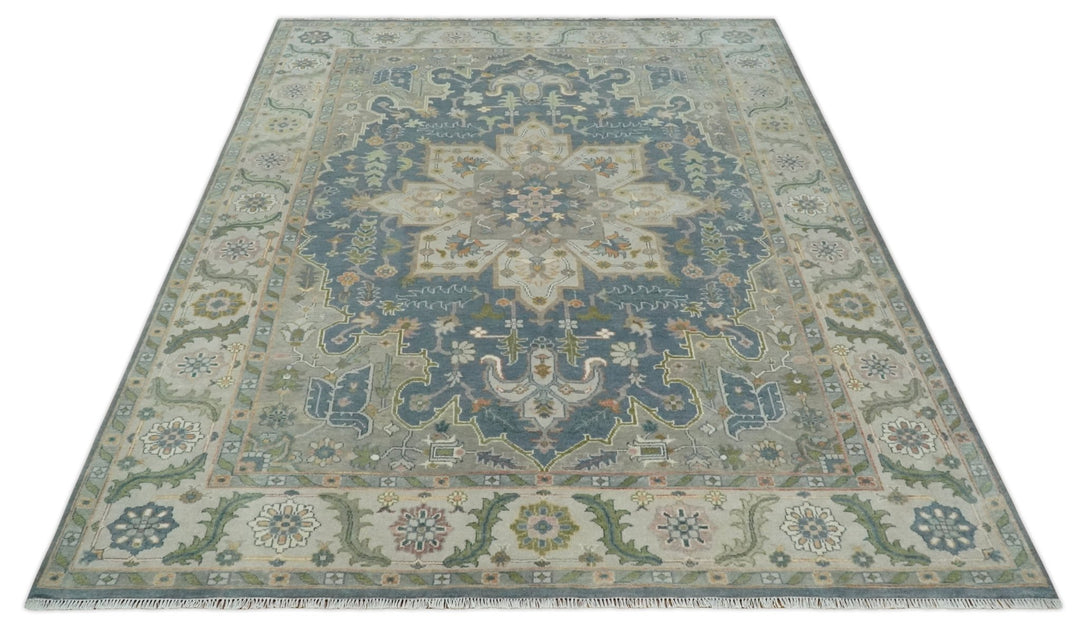 9x12 Hand Knotted Silver and Blue Traditional Heriz Serapi Antique Wool Rug, Living Room and Bedroom Rug - The Rug Decor