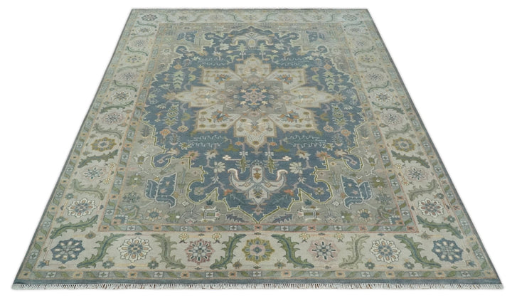 9x12 Hand Knotted Silver and Blue Traditional Heriz Serapi Antique Wool Rug, Living Room and Bedroom Rug - The Rug Decor