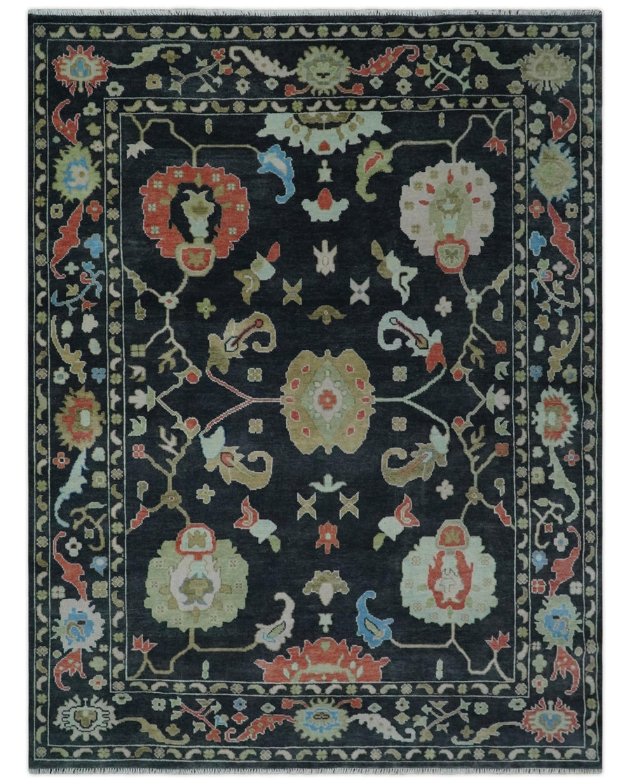 9x12 Modern Hand Knotted Black and Multicolor Traditional Oushak Wool Rug - The Rug Decor