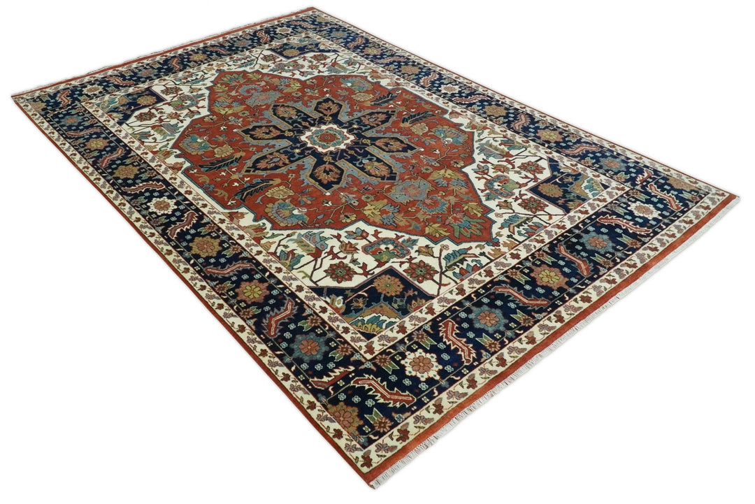 9x12 Premium Fine Hand Knotted Blue, Brown and Ivory Traditional wool Area Rug - The Rug Decor