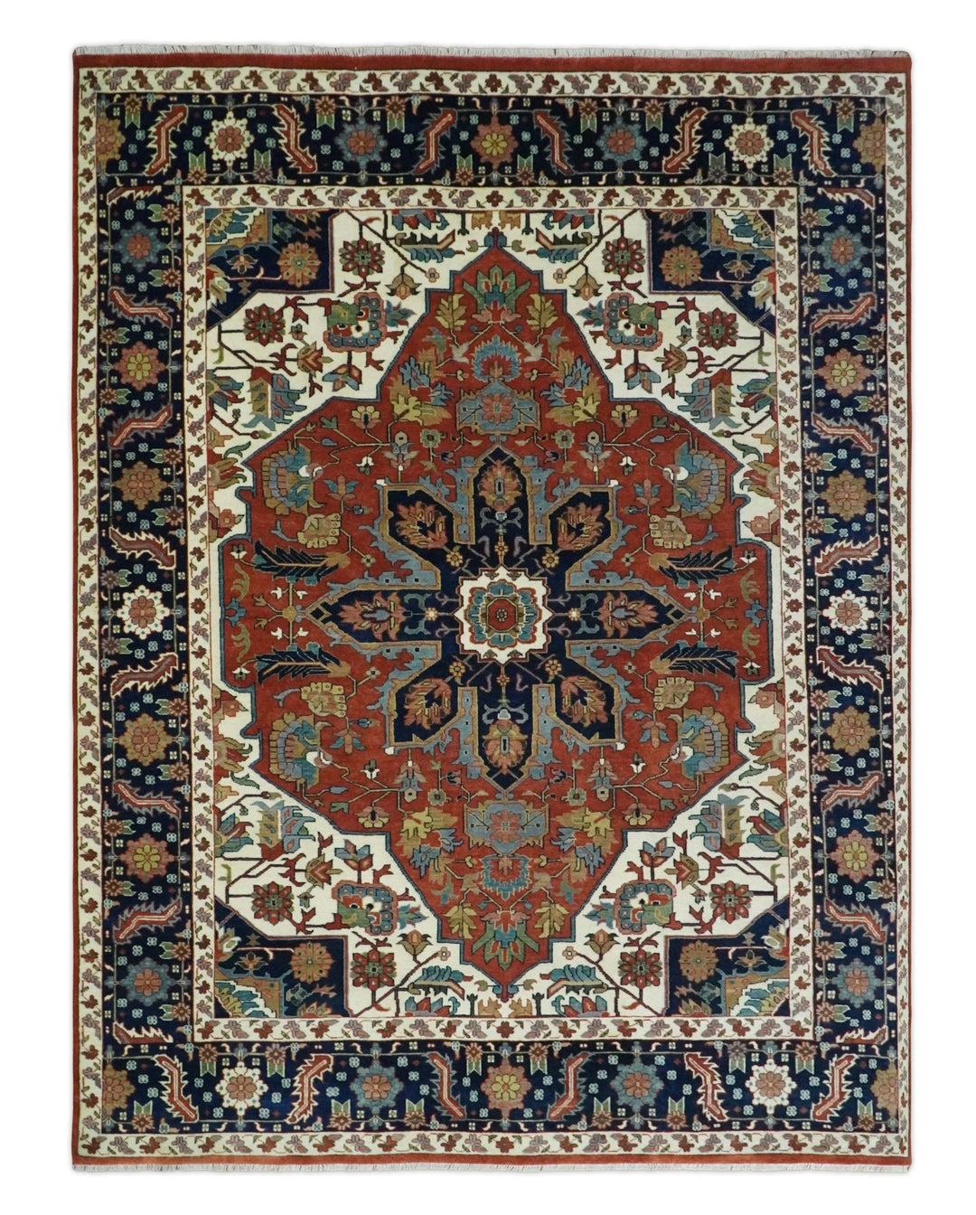 9x12 Premium Fine Hand Knotted Blue, Brown and Ivory Traditional wool Area Rug - The Rug Decor