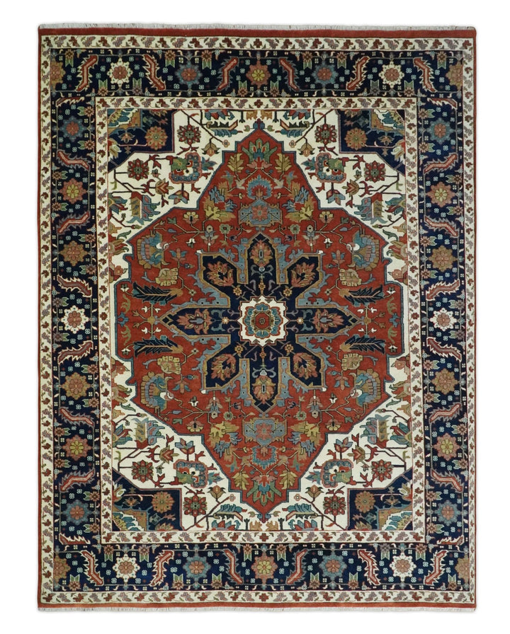 9x12 Premium Fine Hand Knotted Blue, Brown and Ivory Traditional wool Area Rug - The Rug Decor