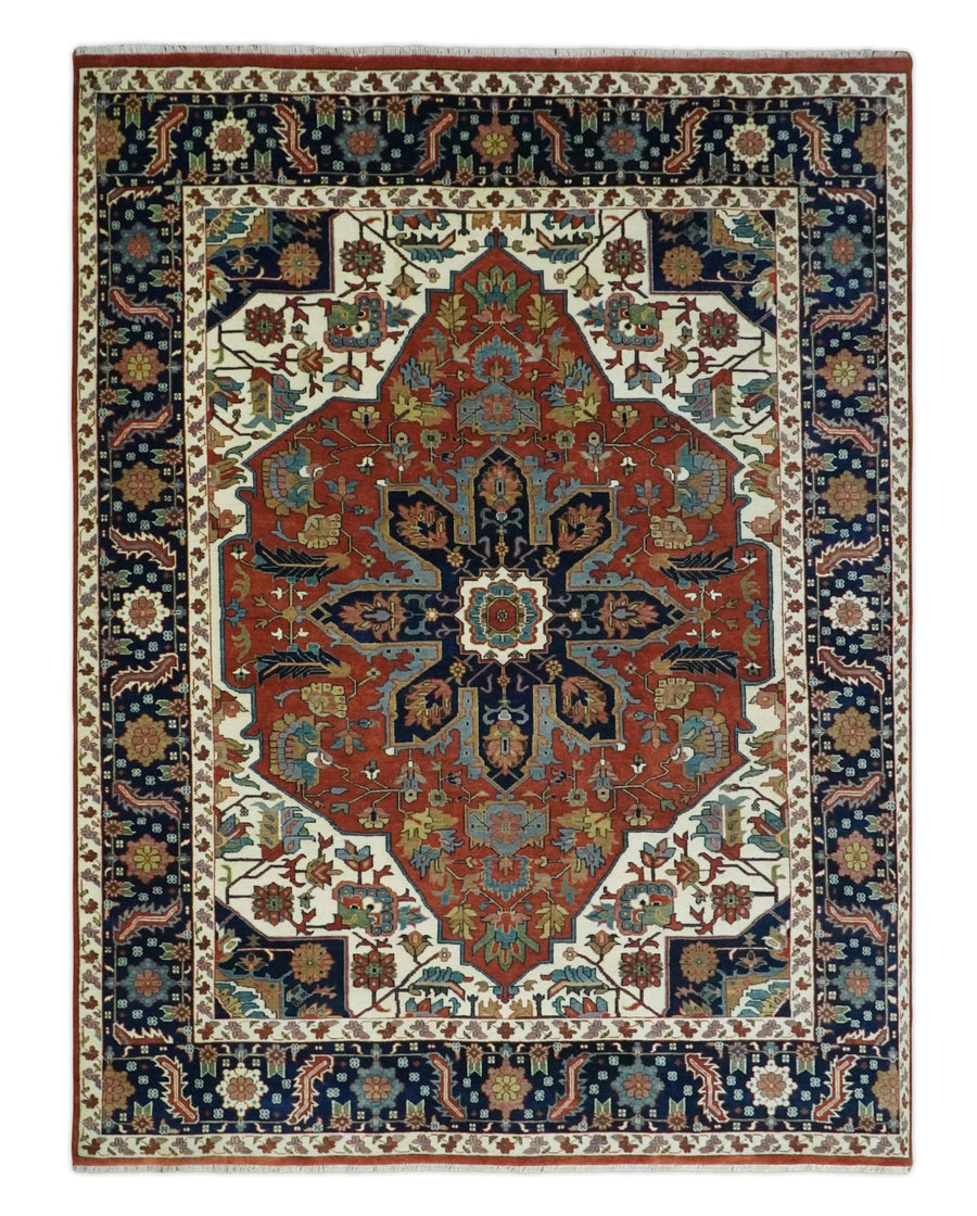9x12 Premium Fine Hand Knotted Blue, Brown and Ivory Traditional wool Area Rug - The Rug Decor