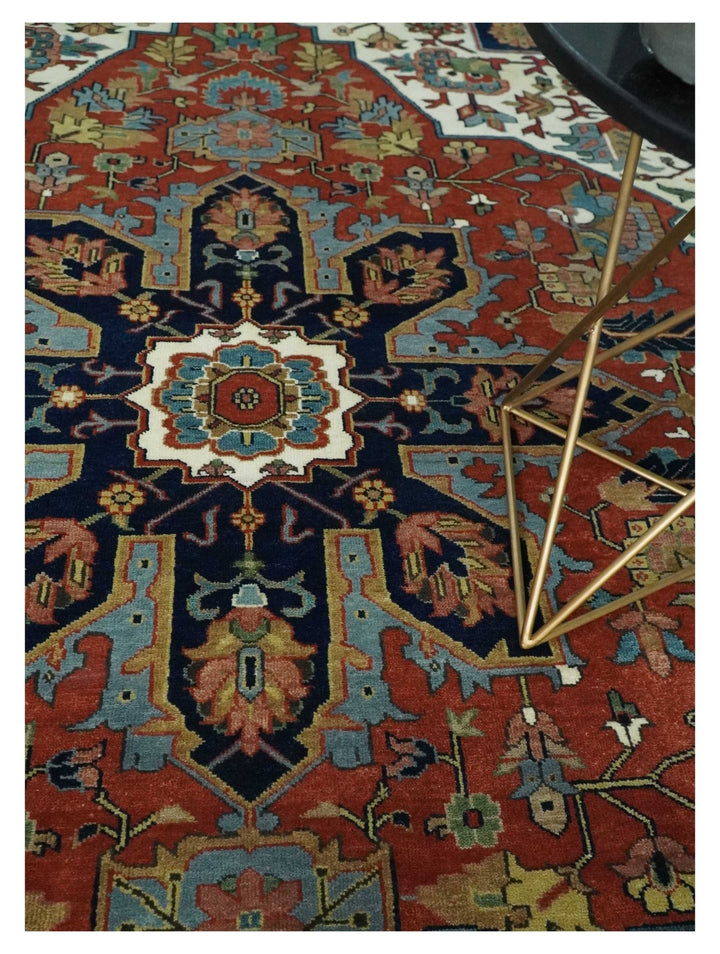 9x12 Premium Fine Hand Knotted Blue, Brown and Ivory Traditional wool Area Rug - The Rug Decor