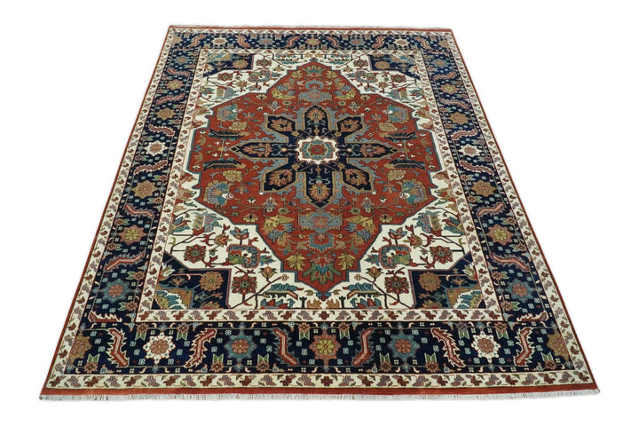 9x12 Premium Fine Hand Knotted Blue, Brown and Ivory Traditional wool Area Rug - The Rug Decor