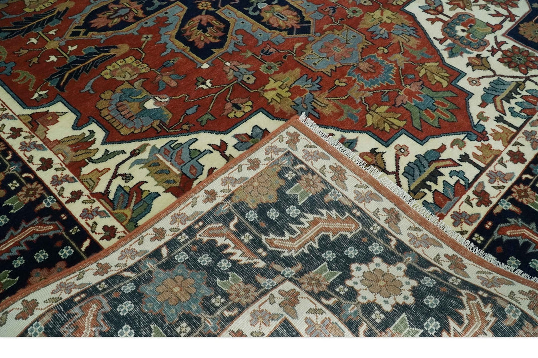 9x12 Premium Fine Hand Knotted Blue, Brown and Ivory Traditional wool Area Rug - The Rug Decor